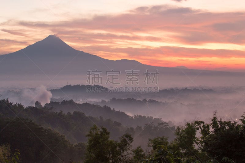 墨拉皮火山,色彩鲜艳,婆罗浮屠塔,公园,水平画幅,无人,火山地形,日惹特区,户外,烟