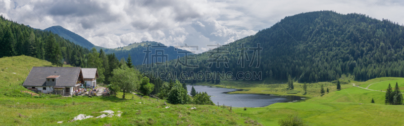 全景,哈兰哈雷恩,萨尔茨堡,水,天空,水平画幅,小木屋,无人,夏天,海岸地形