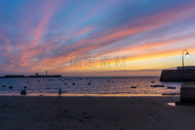 加的斯,帕雅-德拉卡勒塔,全景,西班牙,春天,白昼,天空,水平画幅,云,无人