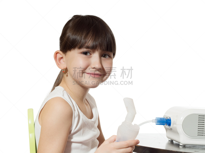 女孩,支气管炎,哮喘吸入器,哮喘,过敏药,健康保健,背景分离,药,仅一个 