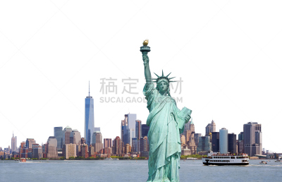 自由女神像,纽约,美国,城市天际线,白色背景,分离着色,主干路,渡轮,办公室,水