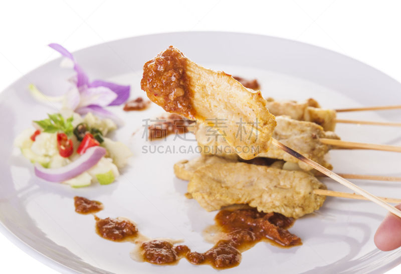 格子烤肉,猪肉,沙嗲,餐具,水平画幅,膳食,泰国,开胃酱,肉,烤的