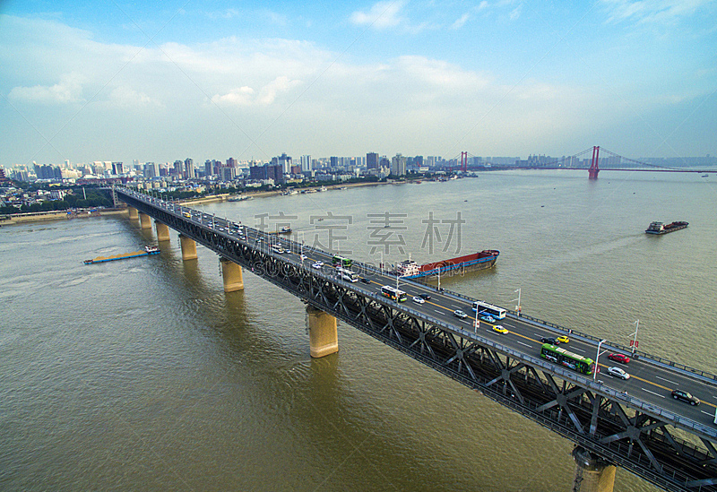 河流,航拍视角,桥,长江,湖北省,铁路桥,水,天空,水平画幅,无人