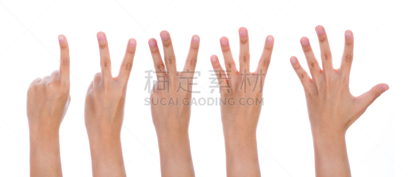 五个物体,女性,数,白色背景,手,分离着色,小指,淫秽的手势,食指,水平画幅