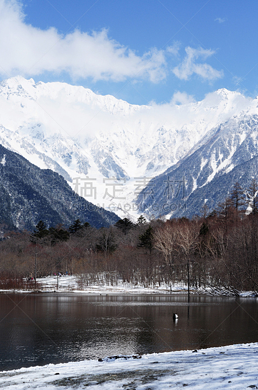 长野县,日本,山脉,河流,垂直画幅,天空,雪,无人,户外,池塘