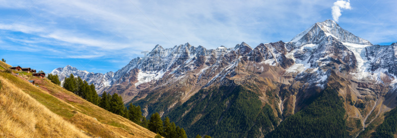 山谷,风景,全景,天空,雪,山脊,白色,高处,落叶松,伯恩山犬