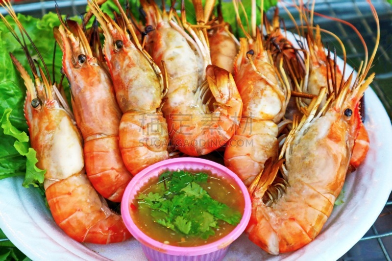 格子烤肉,明虾,泰国,街头食品,水平画幅,开胃品,膳食,海产,户外,特写