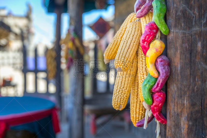 居住区,悬挂的,中国,西,玉米,椒类食物,固原,宁夏回族自治区,老玉米,留白