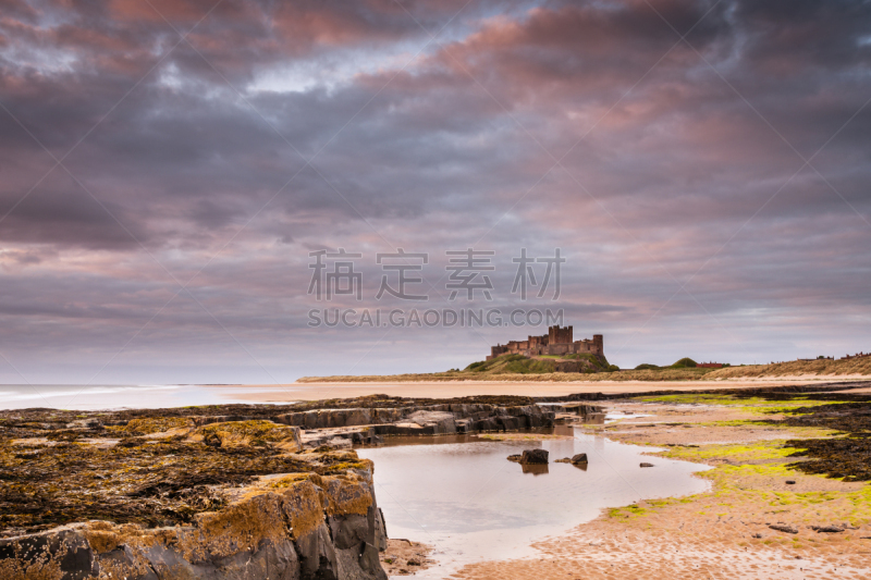 黎明,班博城堡,水,天空,水平画幅,沙子,无人,早晨,英格兰,海岸地形