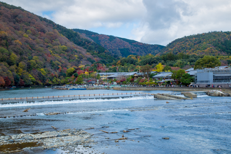 京都府,岚山,渡月桥,日本,旅途,浪漫,客船,客轮,河流,枫树