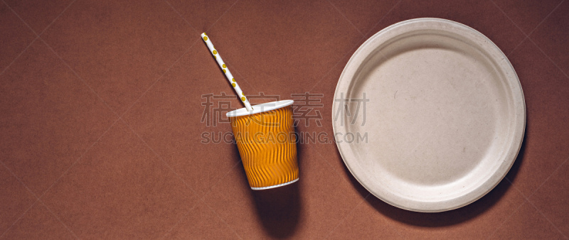 一次性物品,可生物降解材料,杯,吸管,纸碟,空的,食品,一次性杯子,餐具,空板