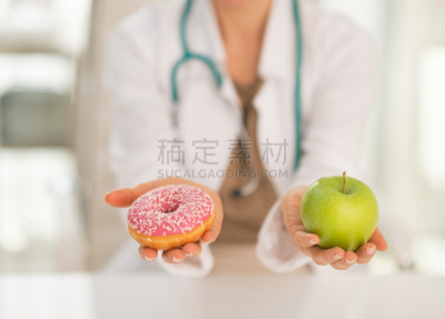 多纳圈,苹果,特写,在之间,营养学家,糖尿病,高血压,动脉硬化症,健康食物