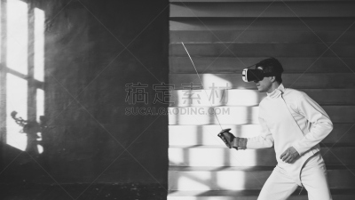 男人,专心,免提装置,室内,网络空间,锻炼,练习,击剑,训练