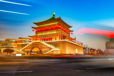 西安,远古的,黄昏,钟楼,城市,天空,水平画幅,无人,古老的,户外