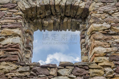 洞,透过窗户往外看,无人,窗户,天空,蓝色,柏林墙,古董,石墙,水平画幅