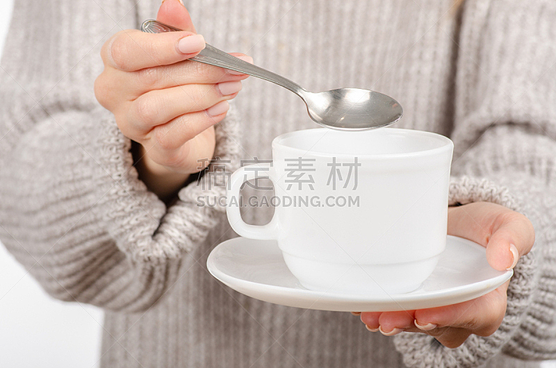白色,热,杯,茶碟,拿着,毛衣,咖啡,青年女人,喝,叉腰