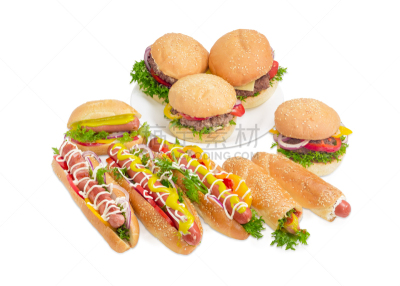 牛肉汉堡,热狗,中等数量物体,餐具,水平画幅,灯笼椒,肉末,塞满了的,西红柿,维也纳香肠