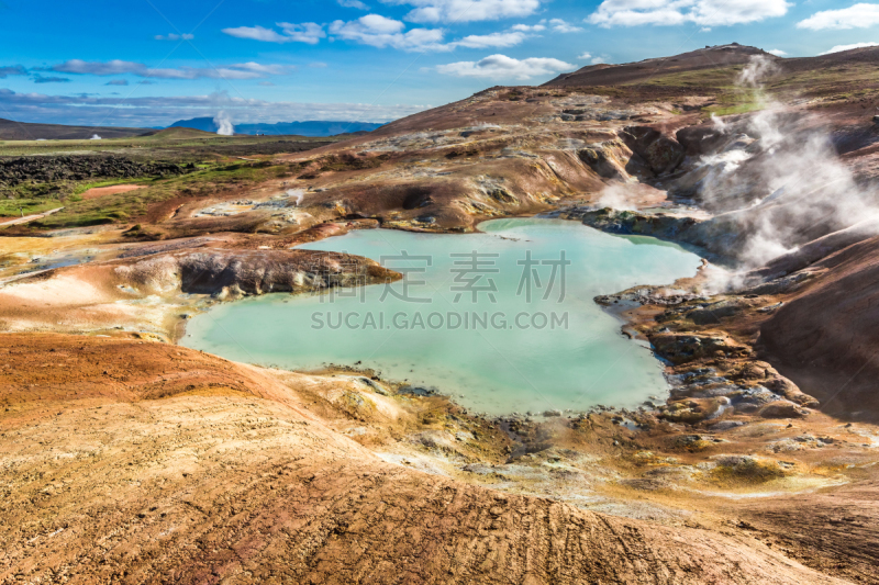 冰岛国,火山,居住区,夏天,池塘,青绿色,水平画幅,无人,火山地形,户外
