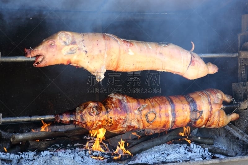 两个物体,烤串,炊具,烤乳猪,煤,动物嘴,水平画幅,膳食,两只动物,动物身体部位