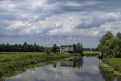 棚,船,云景,云,草,废墟,乡村风格,河流,户外,草地