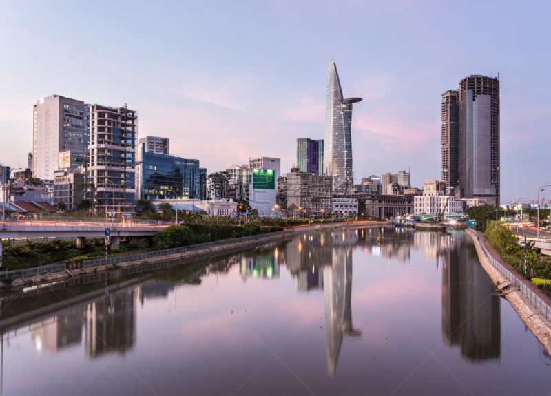 胡志明市,摩天大楼,宏伟,越南,西贡河,水,天空,完美,滨水,都市风景