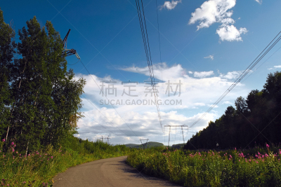 电,高大的,电力电缆,电缆,天空,水平画幅,铝,户外,金属,金属丝