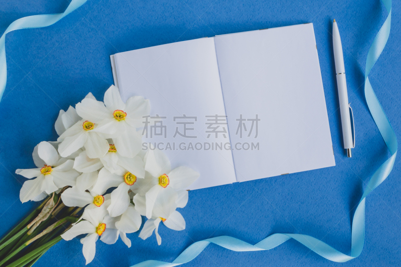 笔记本,水仙花,白色,贺卡,留白,水平画幅,工作场所,早晨,户外,书页