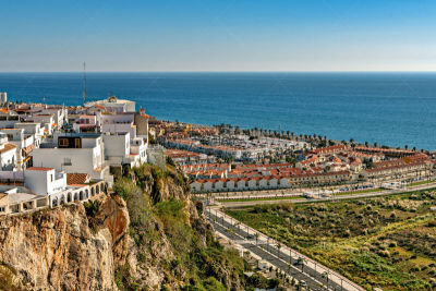 View of newer residential neighborhoods in the Mediterranean beach of Salobreña, in southern Spain.