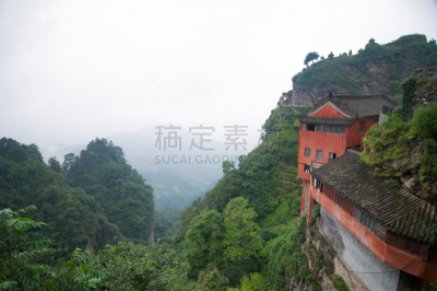 寺庙,武当山,太极,道教,连栋房屋,棕褐色调,瓦,灵性,雾,古董