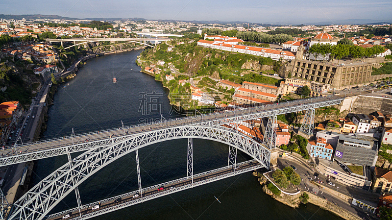 波尔图,葡萄牙,古城,路易斯一世大桥,杜罗河,在上面,桥,航拍视角,波多,河岸