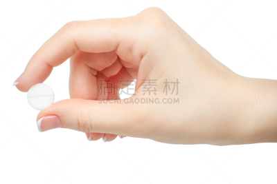 修指甲,分离着色,手,药丸,白色背景,手牵手,在之间,食指,拇指,药箱