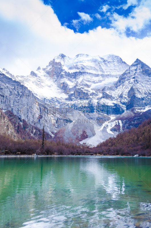 雪,山,翠湖,稻城,稻城亚丁,冰瀑,四川省,垂直画幅,水,天空