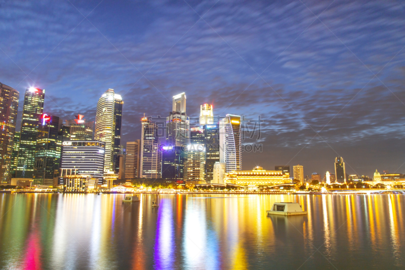 新加坡,都市风景,现代,建筑外部,滨海湾 ,水,天空,水平画幅,夜晚,无人