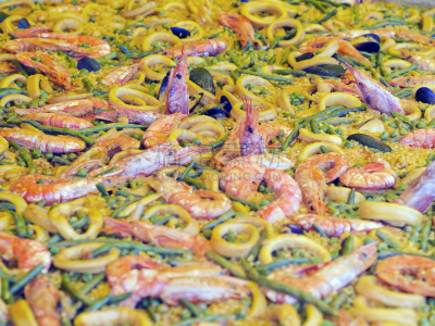 蔬菜,西班牙海鲜饭,鱿鱼,盘子,餐具,水平画幅,贻贝,开胃品,墨鱼,膳食