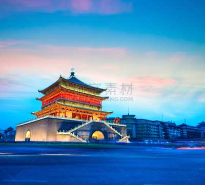 西安,黄昏,钟楼,天空,古代文明,水平画幅,建筑,无人,建筑外部,户外