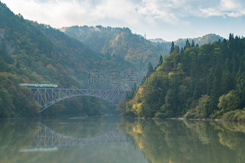 福岛县,河流,桥,日本,美,沟壑,水平画幅,枝繁叶茂,无人,早晨