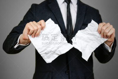 男商人,扯开,手,床单,分离着色,弄皱的,灰色背景,a4纸,水平画幅,套装
