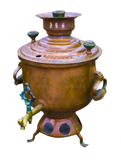 白色背景,俄式茶壶,分离着色,饮料,茶,传统,黄铜,热,一个物体,背景分离