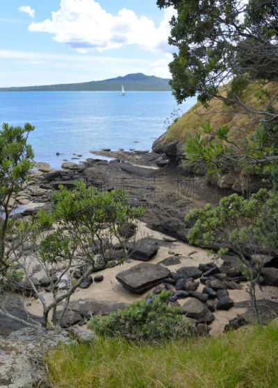 rangitoto channel,新西兰,海湾国家,北岬灯塔,朗伊托托岛,奥克兰,垂直画幅,天空,留白,无人