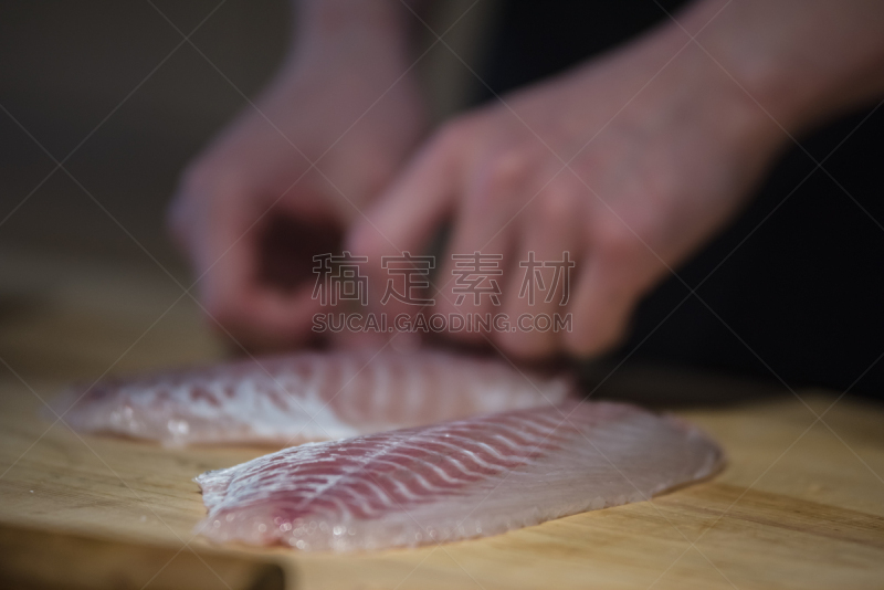 生鱼片,海产,清新,切片食物,工艺品,板前厨师,鲑鱼排,商业厨房,餐刀,正面视角