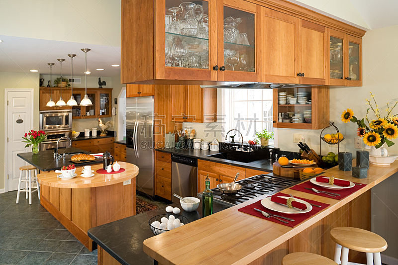 现代,厨房,早餐,美味,皂石,火炉,微波炉,褐色,新的,水平画幅