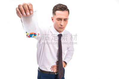 拿着,男商人,药房,分离着色,选择对焦,白色,胃疼,药丸,商务,健康保健