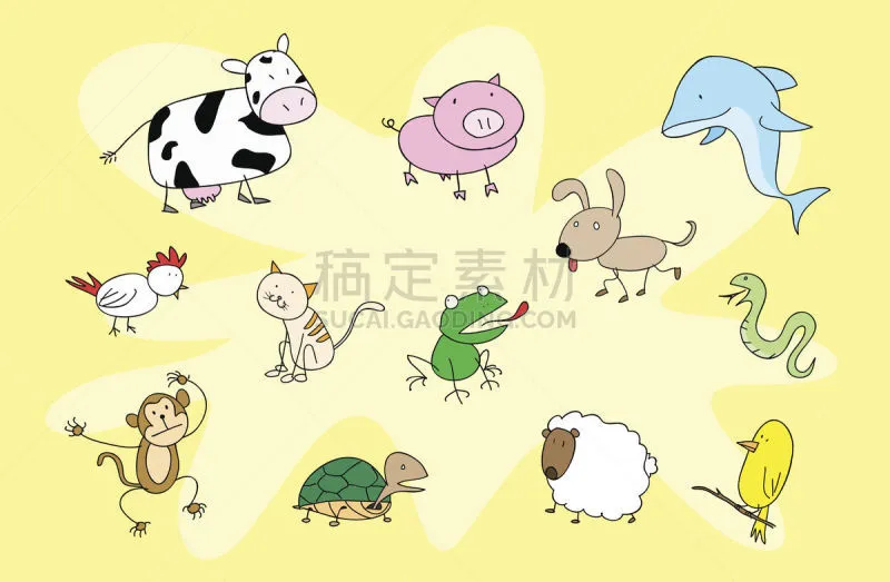 可爱的 动物主题 公猪 日本漫画风格 海豚 贺卡 绘画插图 卡通 哺乳纲 猫图片素材下载 稿定素材