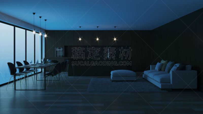 现代,三维图形,房屋,室内,夜晚,抽油烟机,窗帘,舒服,地板,炊具