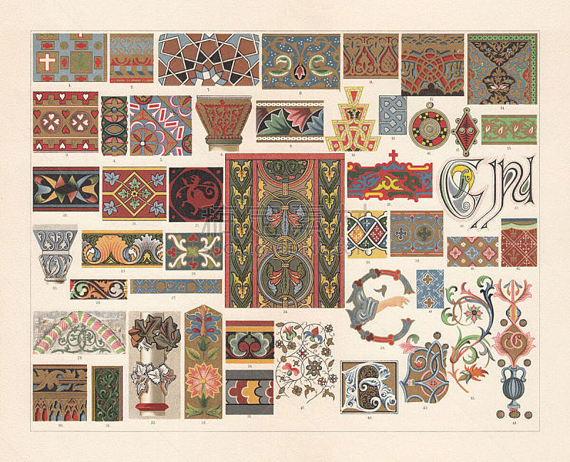 Various patterns of the Middle Ages, chromolithograph, published in 1897