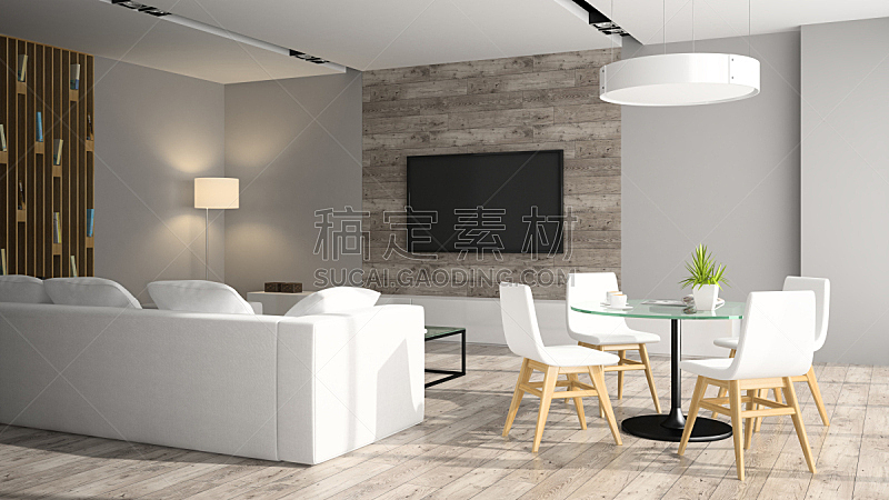 Modern interior with black sofa 3D rendering