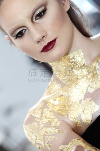 金叶,彩妆,魅力,时尚,时装模特,肖像,身体绘画,眼线笔,镀金的,睫毛膏