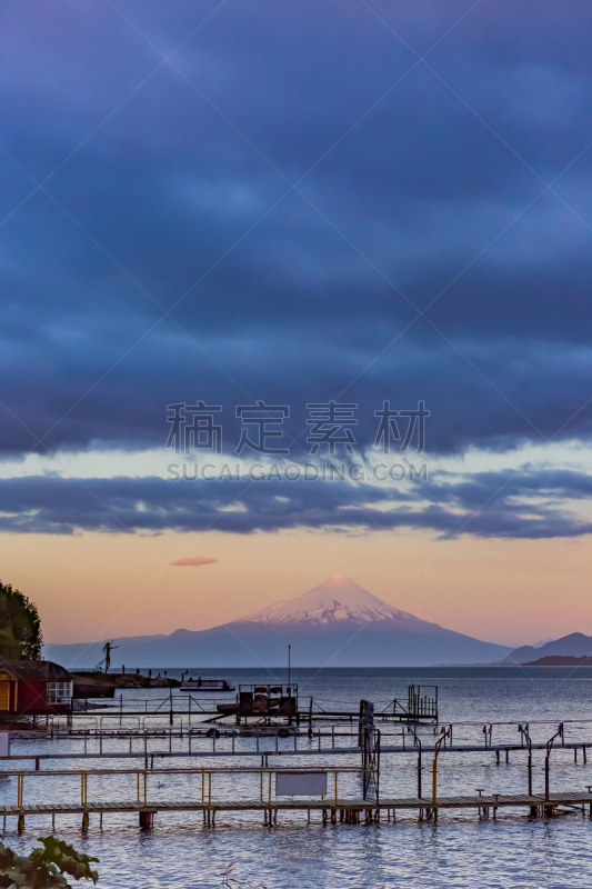 智利,欧索诺火山,拉奎呼尔湖,旅途,城镇景观,海港,云,黄昏,雪,湖