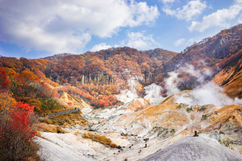 硫磺,登别市,秋天,日本,北海道,山谷,蒸汽,地狱,天空,地狱谷