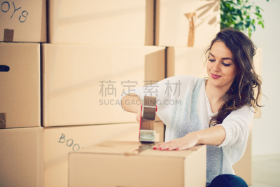 盒子,女孩,包装机,电工胶布,大学生,拆包,胶带,美,新的,半身像
